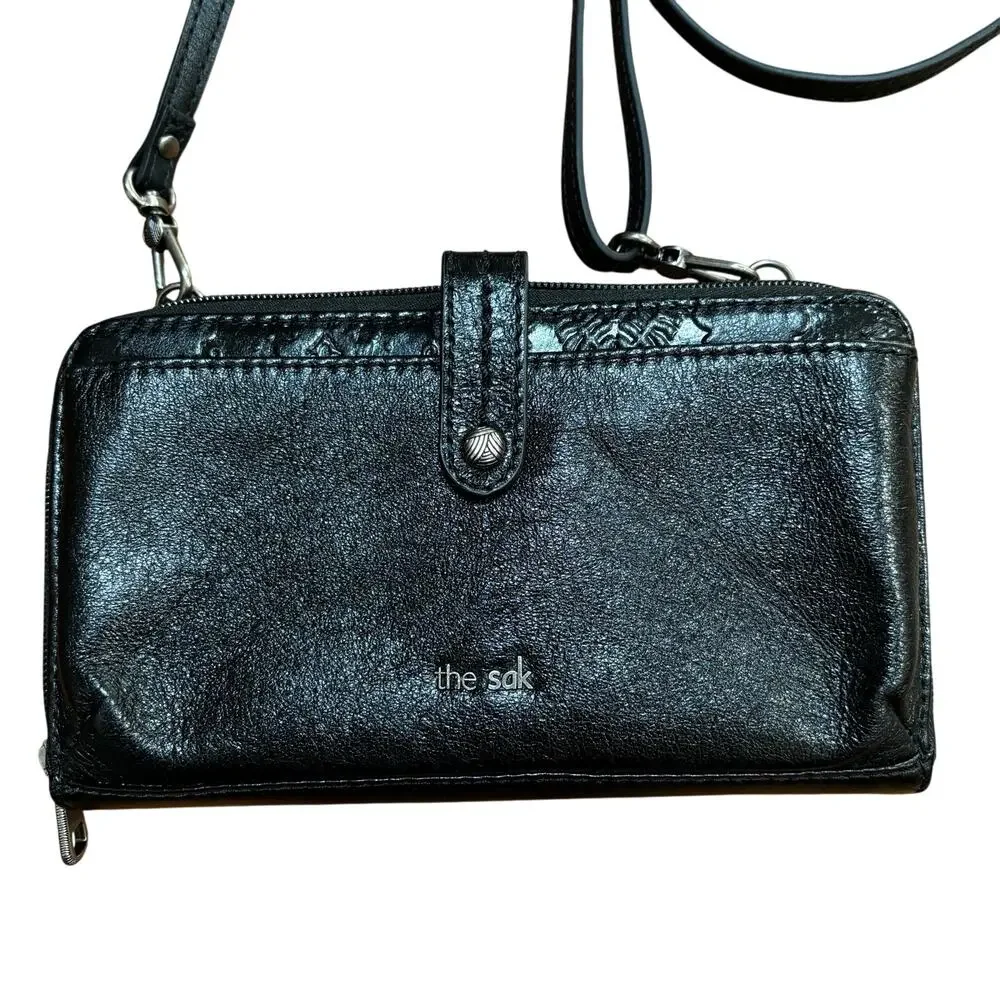 THE SAK black leather clutch purse wristlet crossbody bag zip around wallet